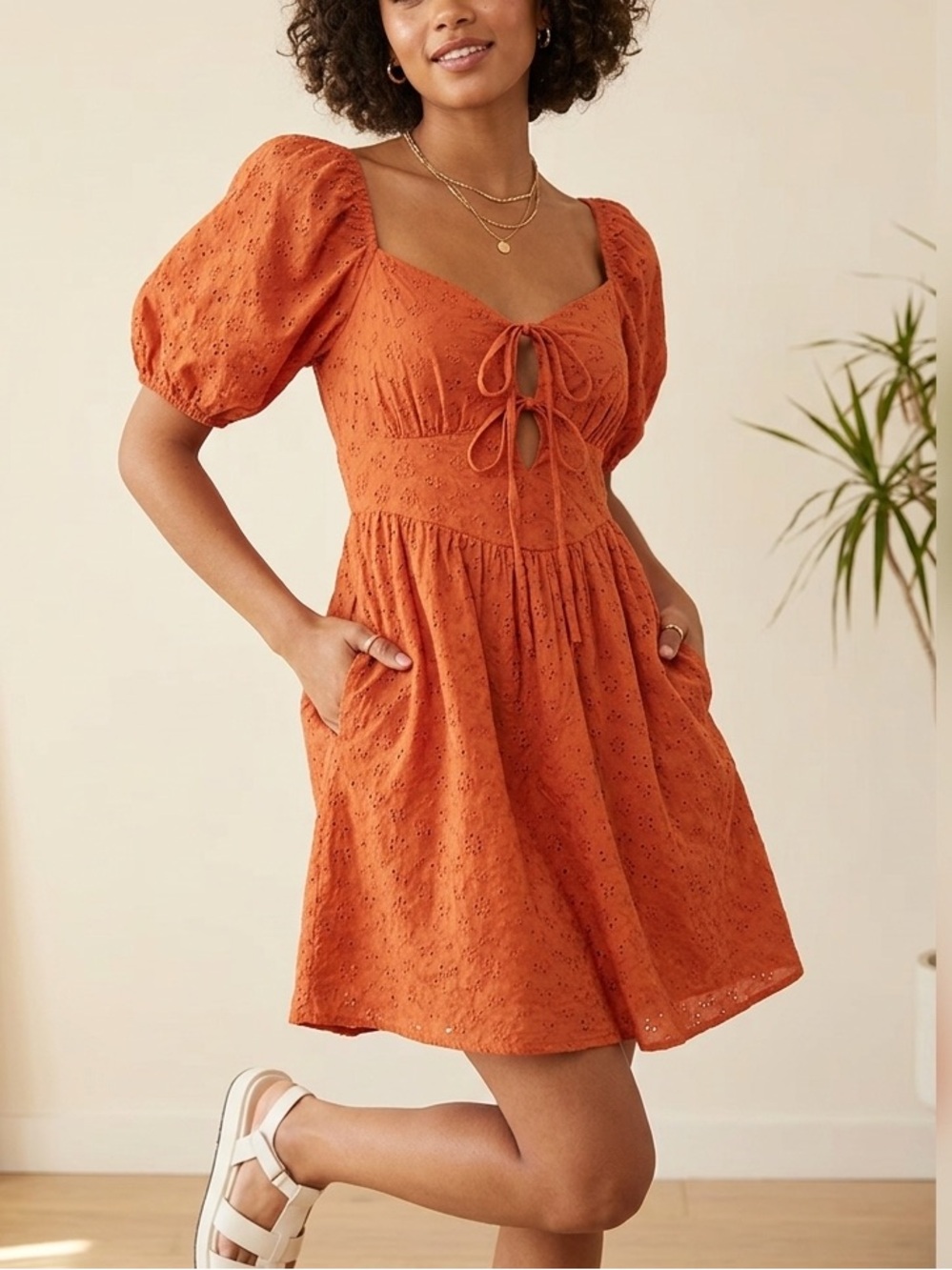 Altar'd State Burnt Orange Eyelet Lace Puff Sleeve Babydoll Mini Dress❤️